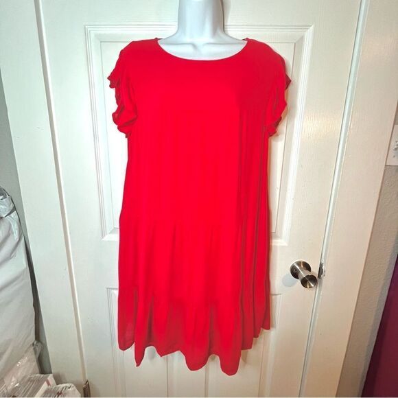 Evelyn Flutter Sleeve Casual Cherry Red Ruffle Tiered Mini Dress Has Pockets L - Picture 3 of 10
